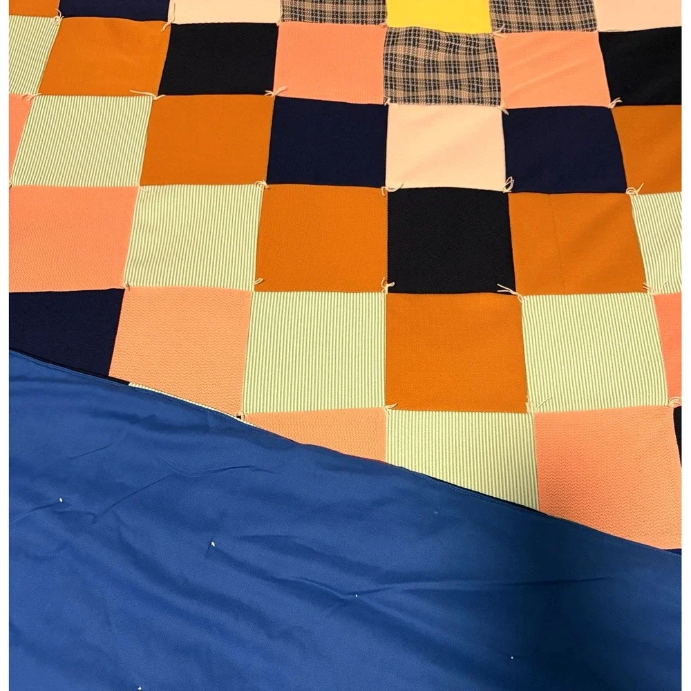 Vintage Patchwork Tie Quilt 72x96 Blue Cabin Cottage Core Granny Chic Handmade